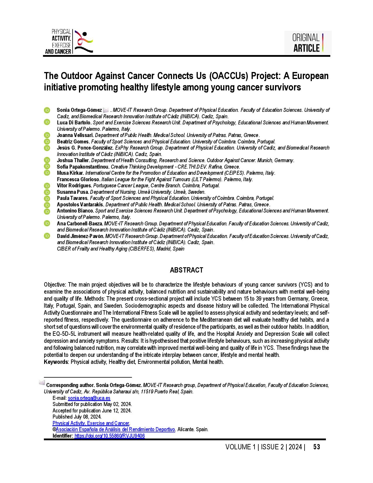 The Outdoor Against Cancer Connects Us (OACCUs) Project: A European initiative promoting healthy lifestyle among young cancer survivors