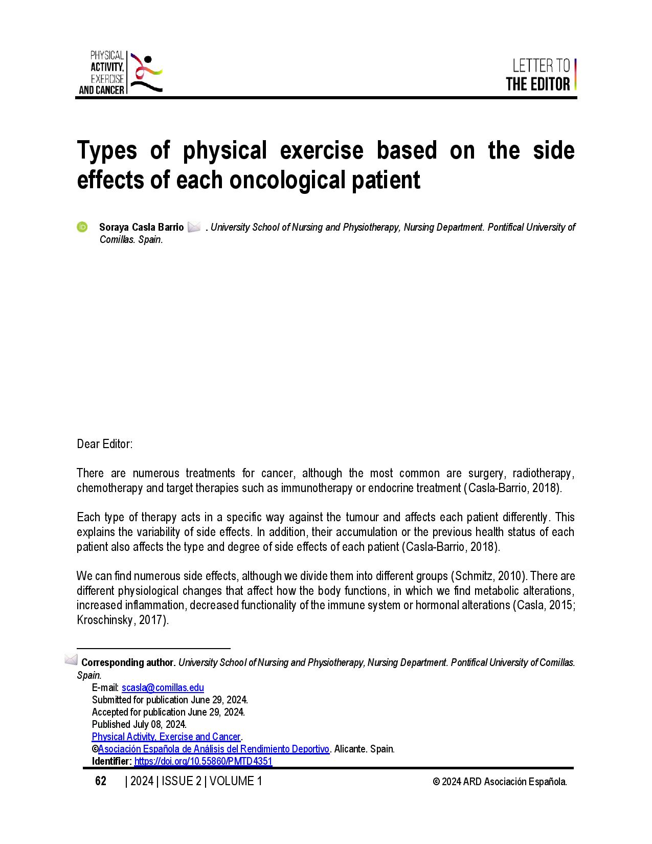 Types of physical exercise based on the side effects of each oncological patient