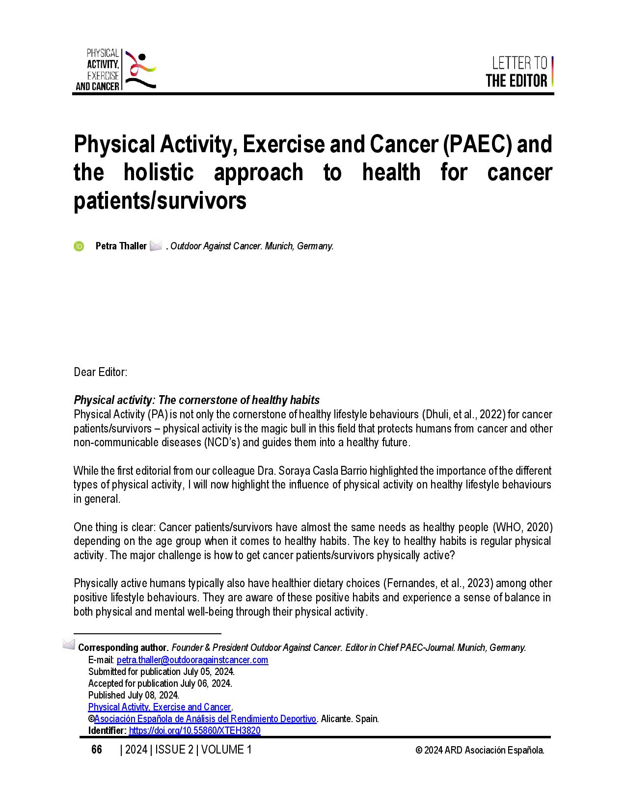 Physical Activity, Exercise and Cancer (PAEC) and the holistic approach to health for cancer patients/survivors