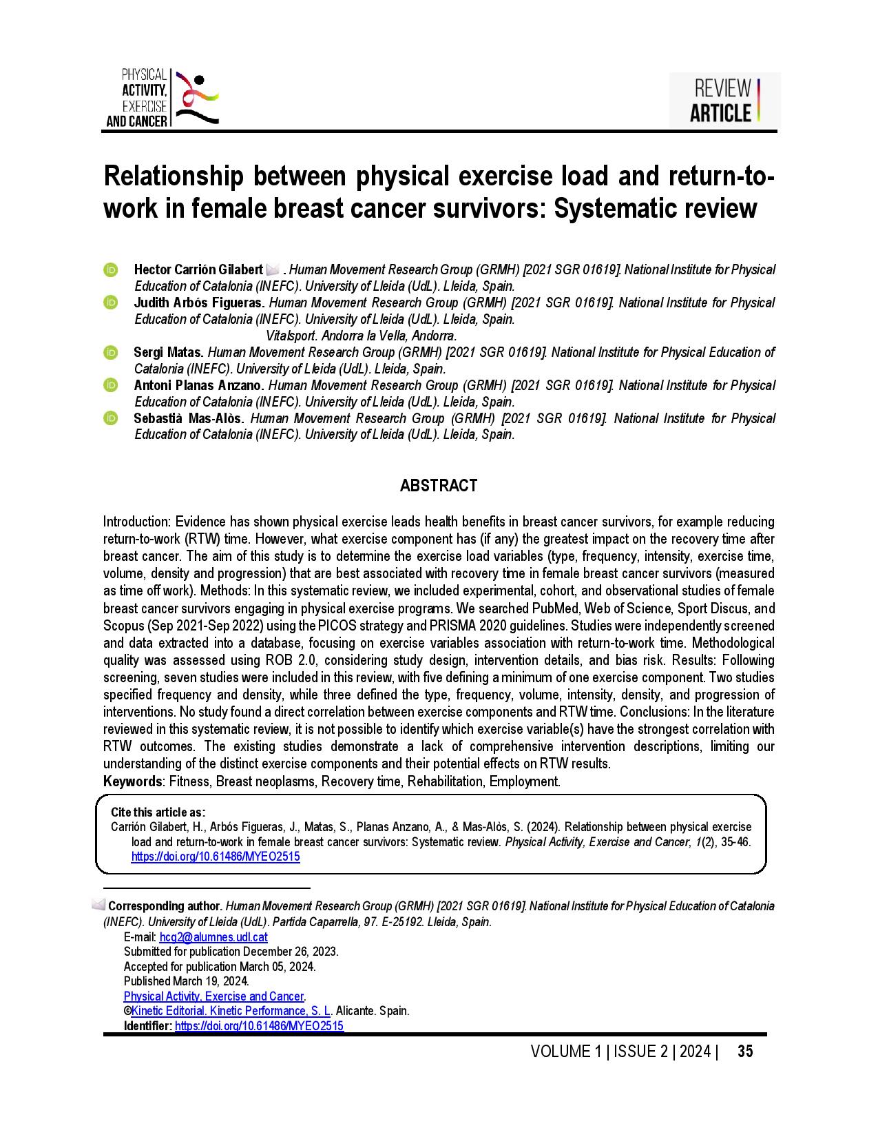 Relationship between physical exercise load and return-to-work in female breast cancer survivors: Systematic review