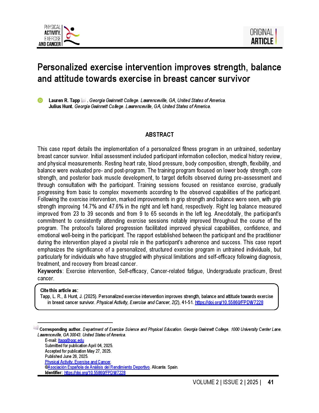  Personalized exercise intervention improves strength, balance and attitude towards exercise in breast cancer survivor