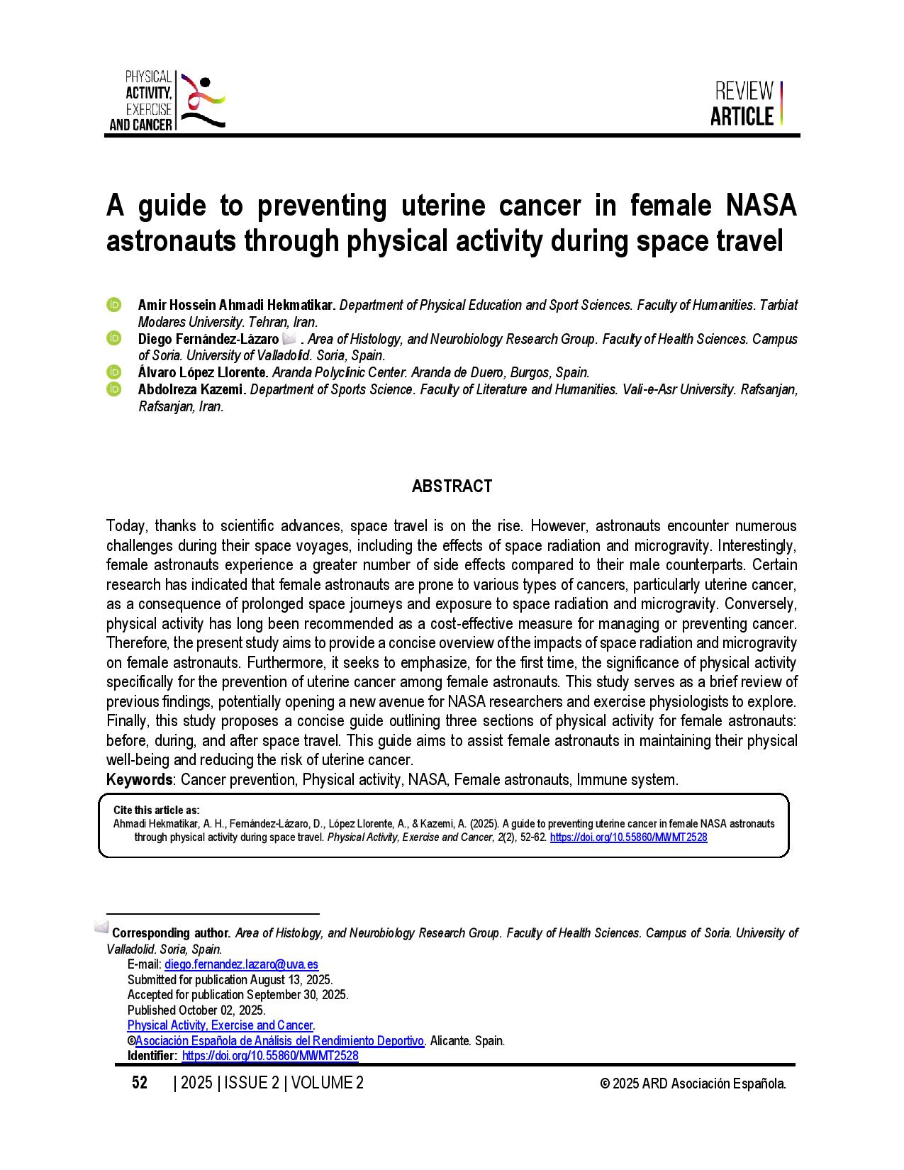 A guide to preventing uterine cancer in female NASA astronauts through physical activity during space travel