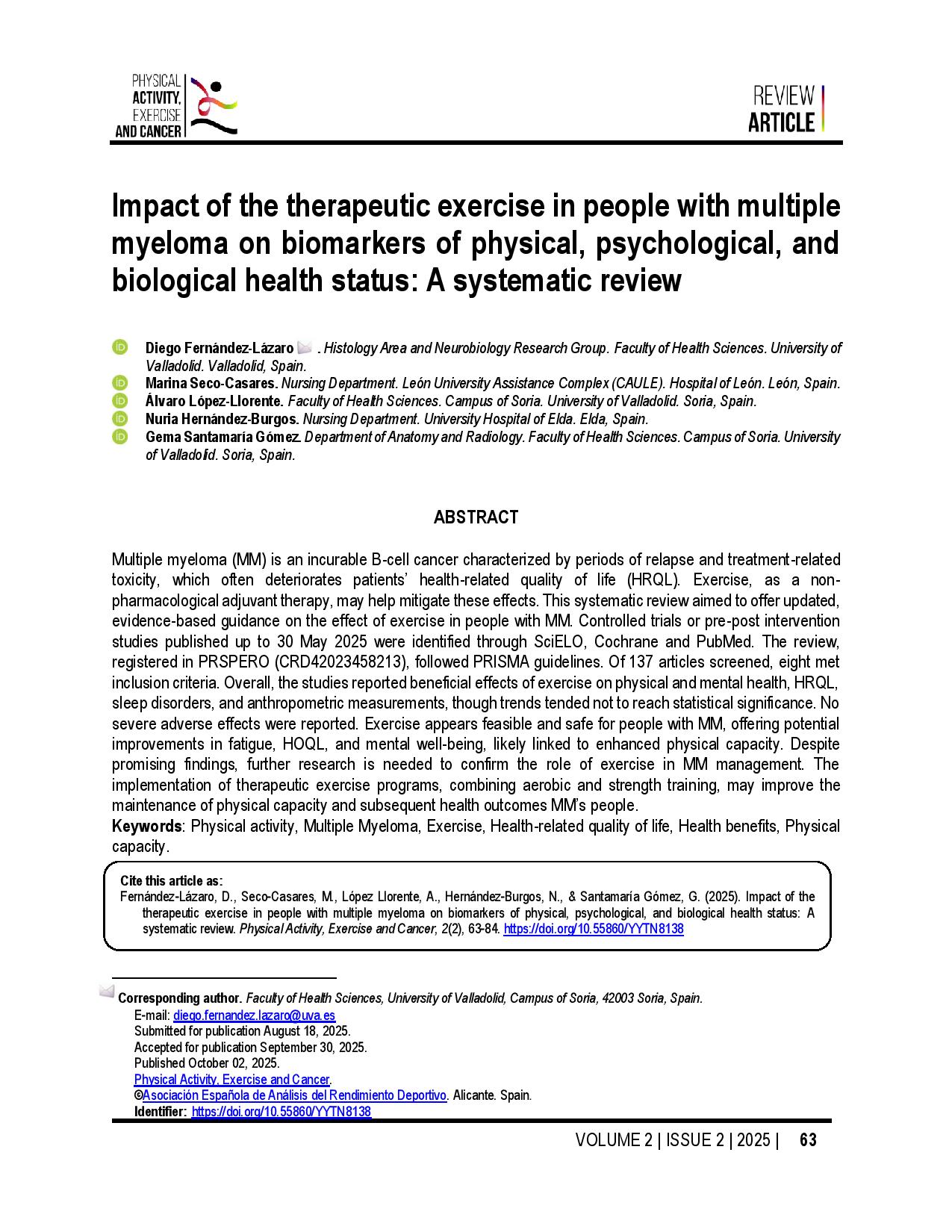 Impact of the therapeutic exercise in people with multiple myeloma on biomarkers of physical, psychological, and biological health status: A systematic review
