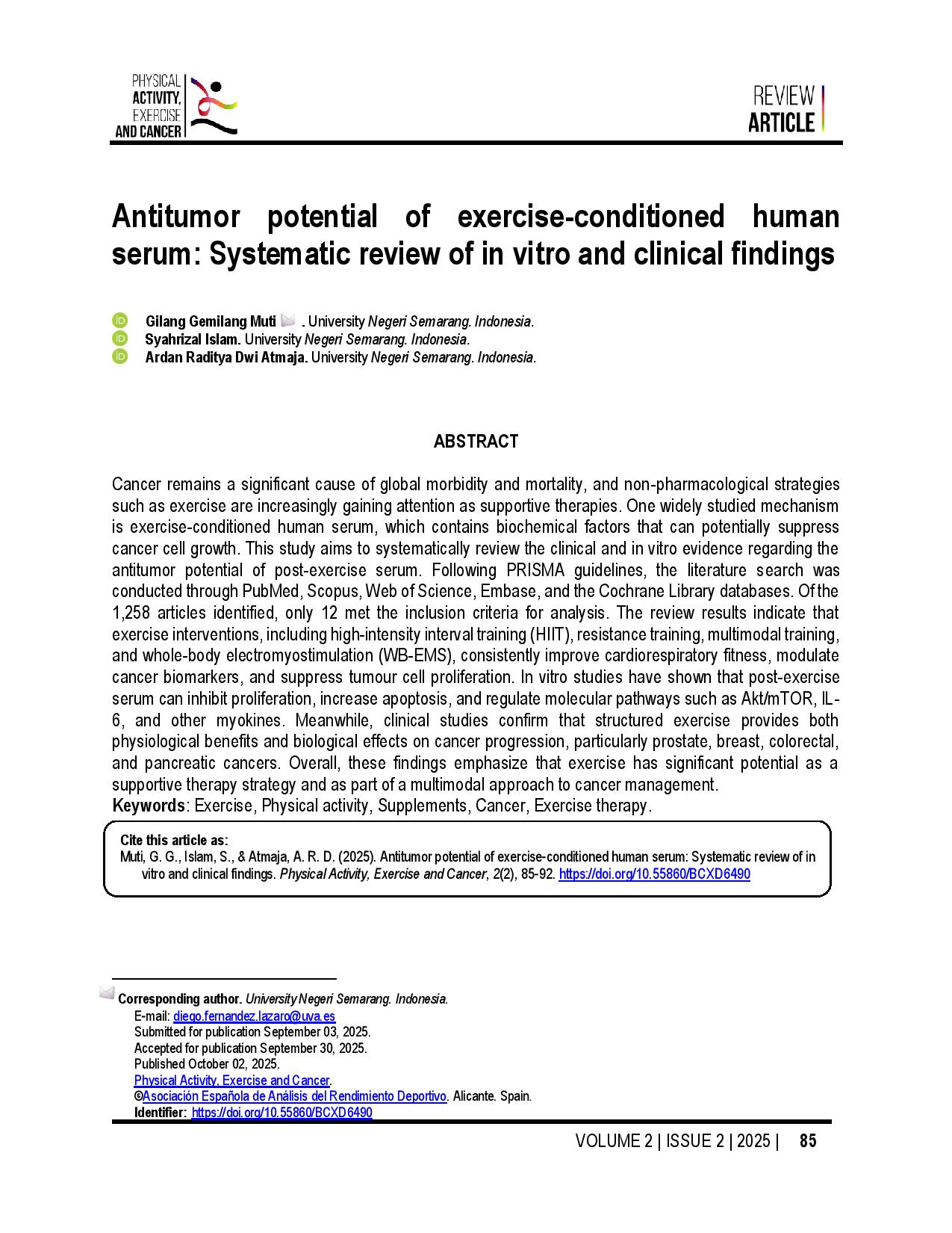 Antitumor potential of exercise-conditioned human serum: Systematic review of in vitro and clinical findings