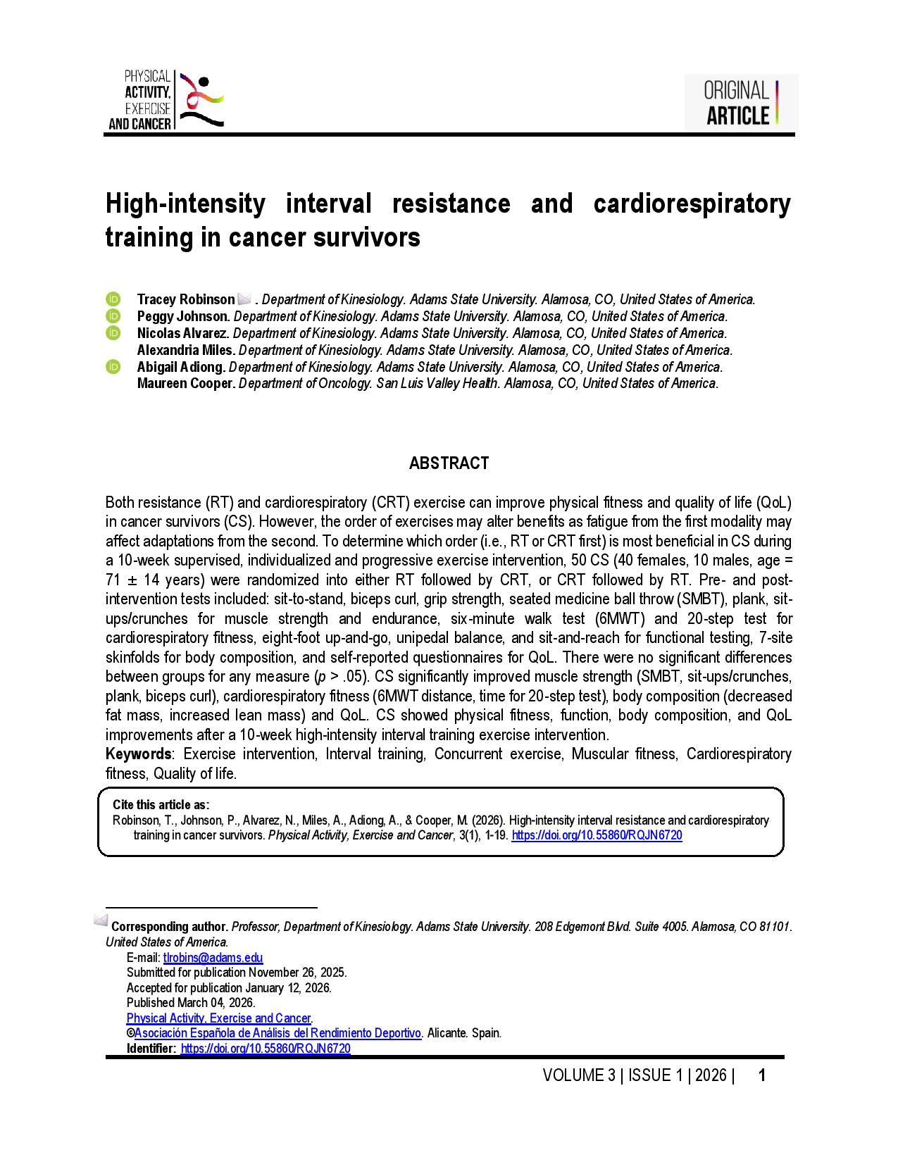 High-intensity interval resistance and cardiorespiratory training in cancer survivors