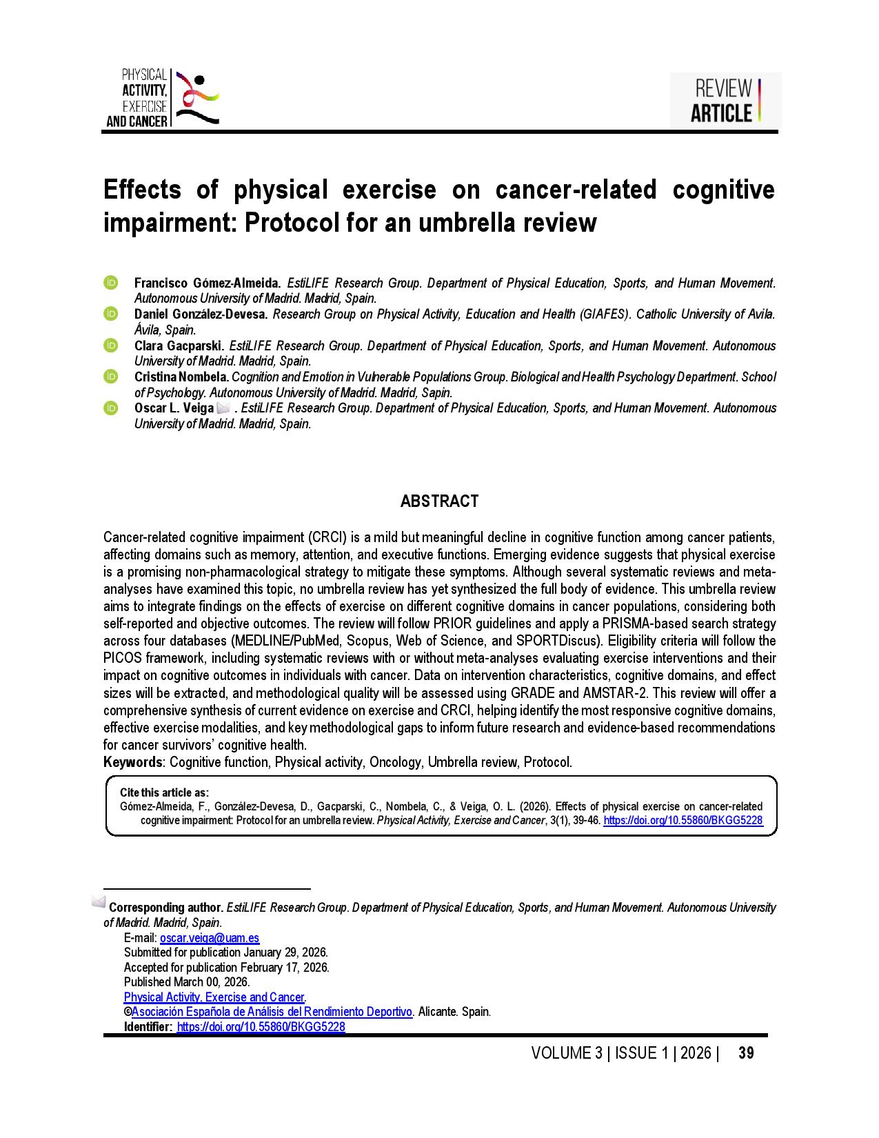Effects of physical exercise on cancer-related cognitive impairment: Protocol for an umbrella review