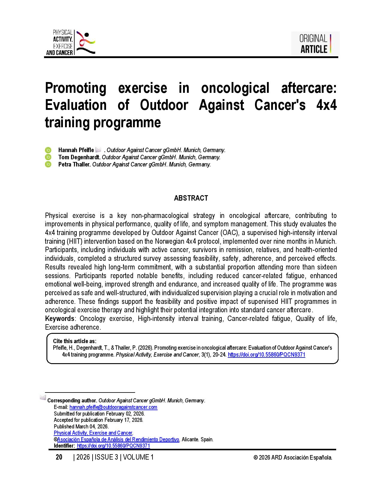 Promoting exercise in oncological aftercare: Evaluation of Outdoor Against Cancer's 4x4 training programme