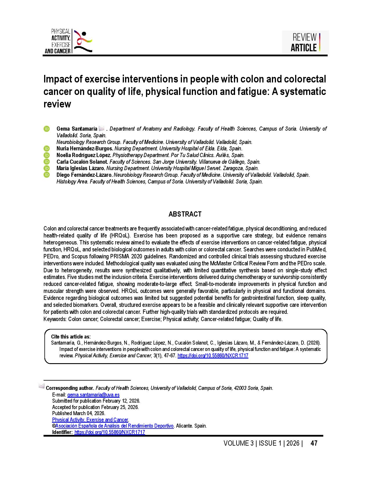 Impact of exercise interventions in people with colon and colorectal cancer on quality of life, physical function and fatigue: A systematic review