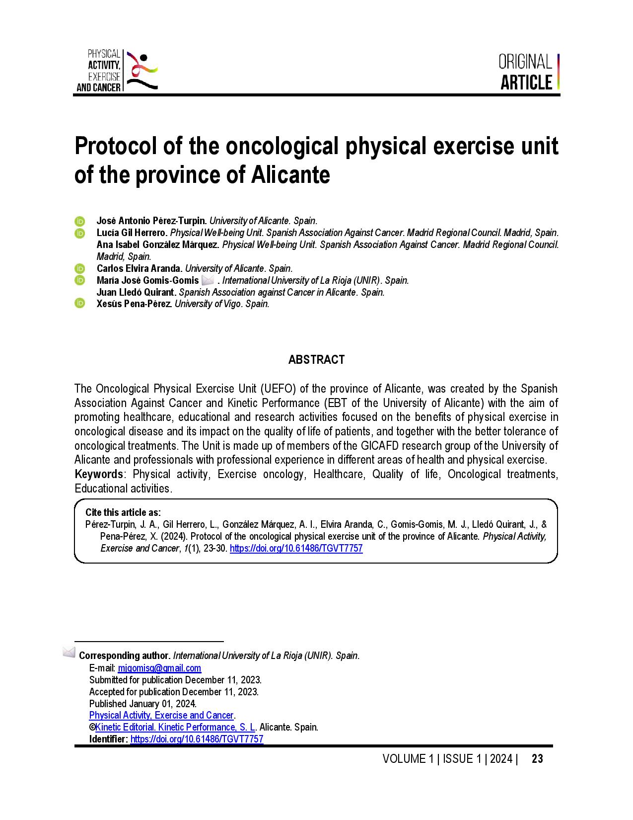 Protocol of the oncological physical exercise unit of the province of Alicante